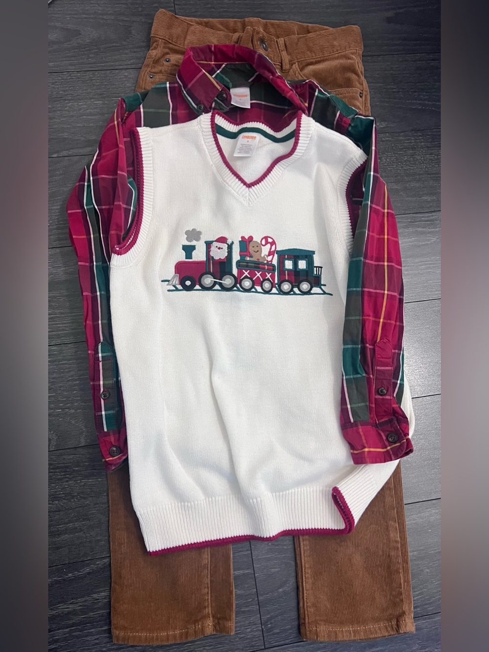 Gymboree White Sweater Vest with Red & Green Holiday Train